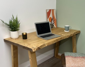 Live Edge Desk On Solid Wood Timber Trapezium Frame Legs Handmade From Solid Wood To Look Like Waney Edge Single Plank Desktop