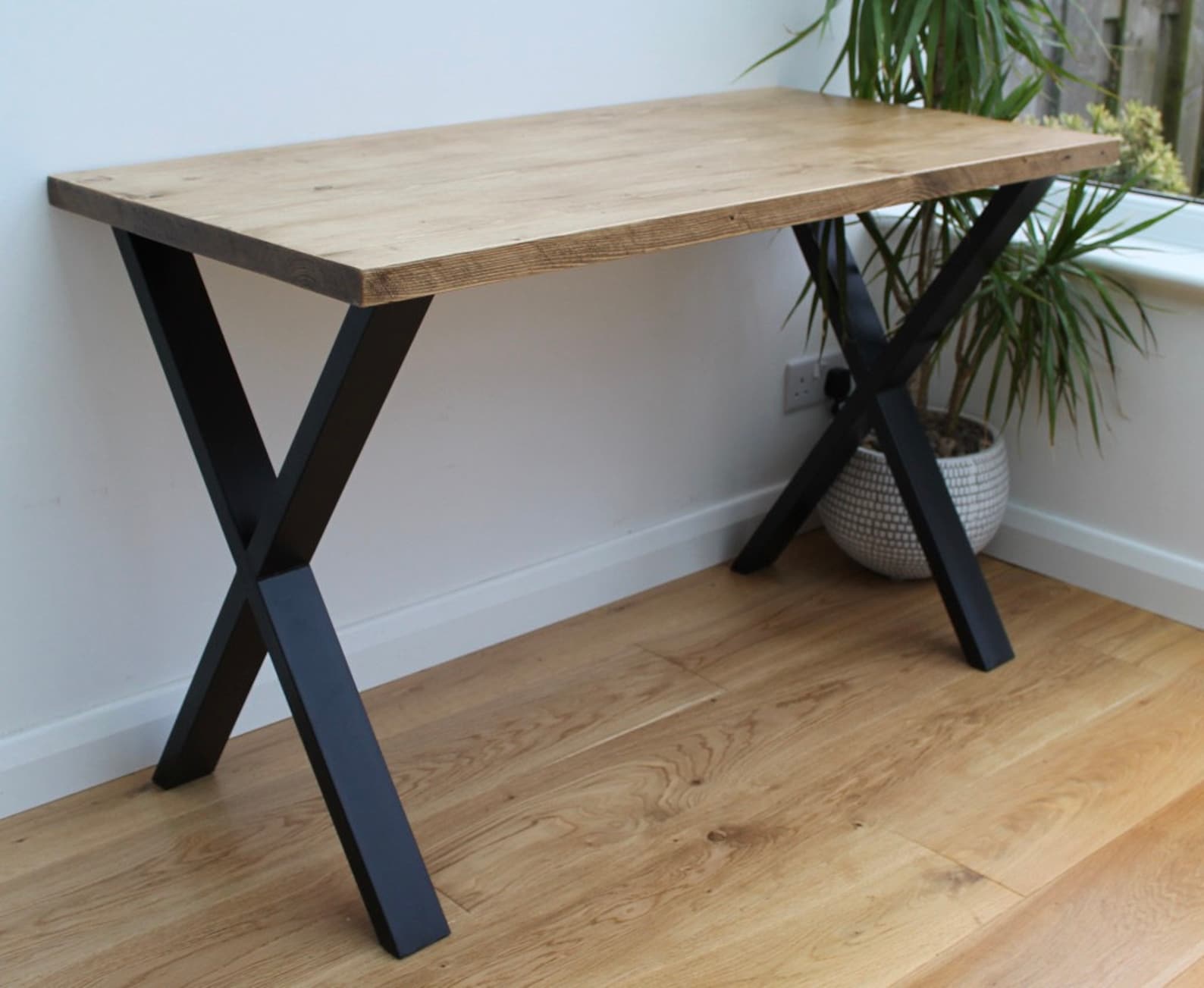 Rustic desk on Xframe black steel legs handmade solid wood Etsy