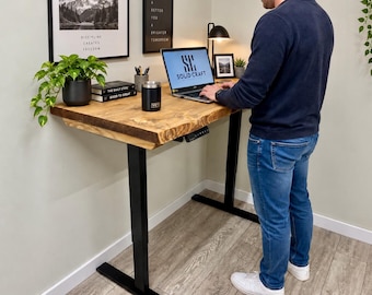 Live Edge Adjustable Height Solid Wood Desk On Electric Legs for Standing or sitting
