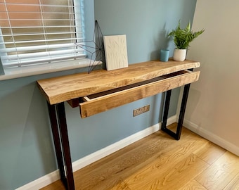 Live Edge Console Table with Drawer On Black Steel Legs 75 or 90cm Heights : Rustic Hallway