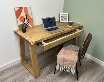 Live Edge Desk With Drawer On Solid Wood Trapezium Legs Handmade To Look Like Waney Single Plank Desktop Office Storage