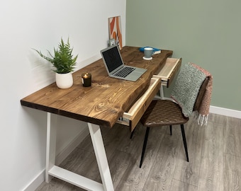Large Live Edge Desk with 2 Drawers on Steel A Legs Custom Made