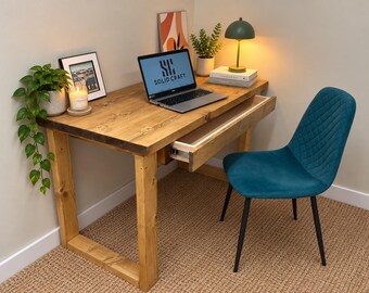 Home Office Desk With Drawer Storage On Solid Wood Square Legs Handmade, Gaming Desk, Custom Made