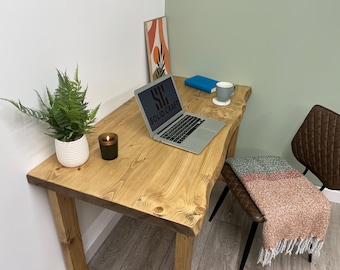 Live Edge Desk On Solid Wood Timber Square Legs Handmade From Solid Wood To Look Like Waney Edge Single Plank Desktop