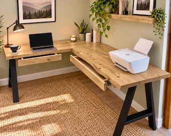 Live edge Corner L Shaped Desk With Drawers On Solid Wood or Steel Legs : Office Desk And Drawer Storage Custom Made