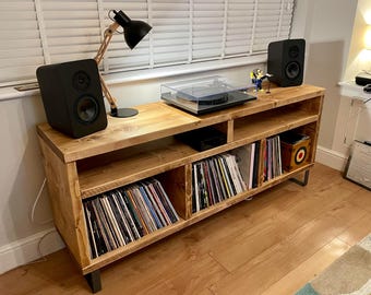Record Player, Vinyl & CD Storage Entertainment Unit On Steel Legs or wood block feet