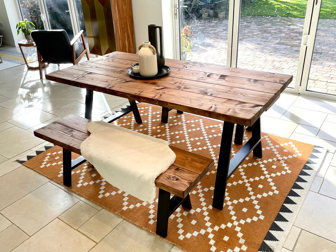 Chunky Rustic Dining Table and Bench Set With Powder Coated - Etsy UK