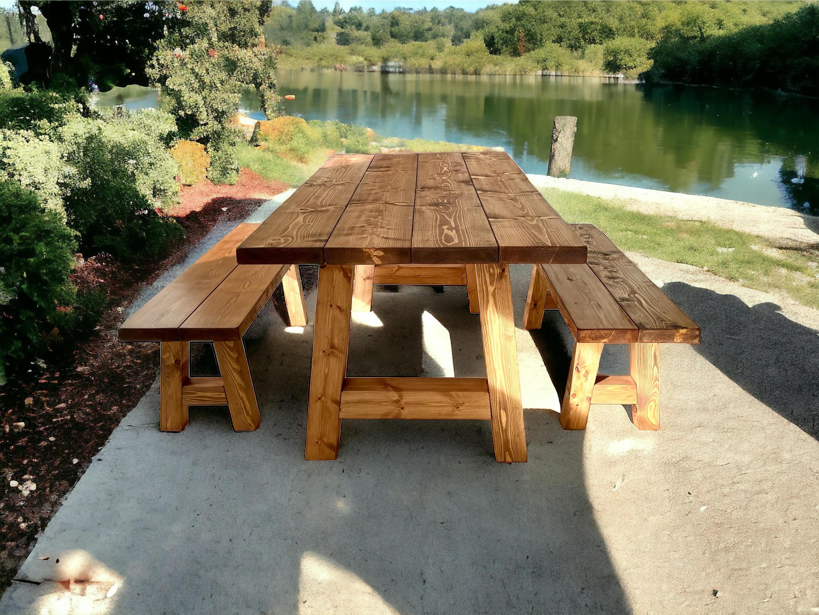 Garden Outdoor Table and Bench Set on Heavy Duty Solid Wood Chunky A ...