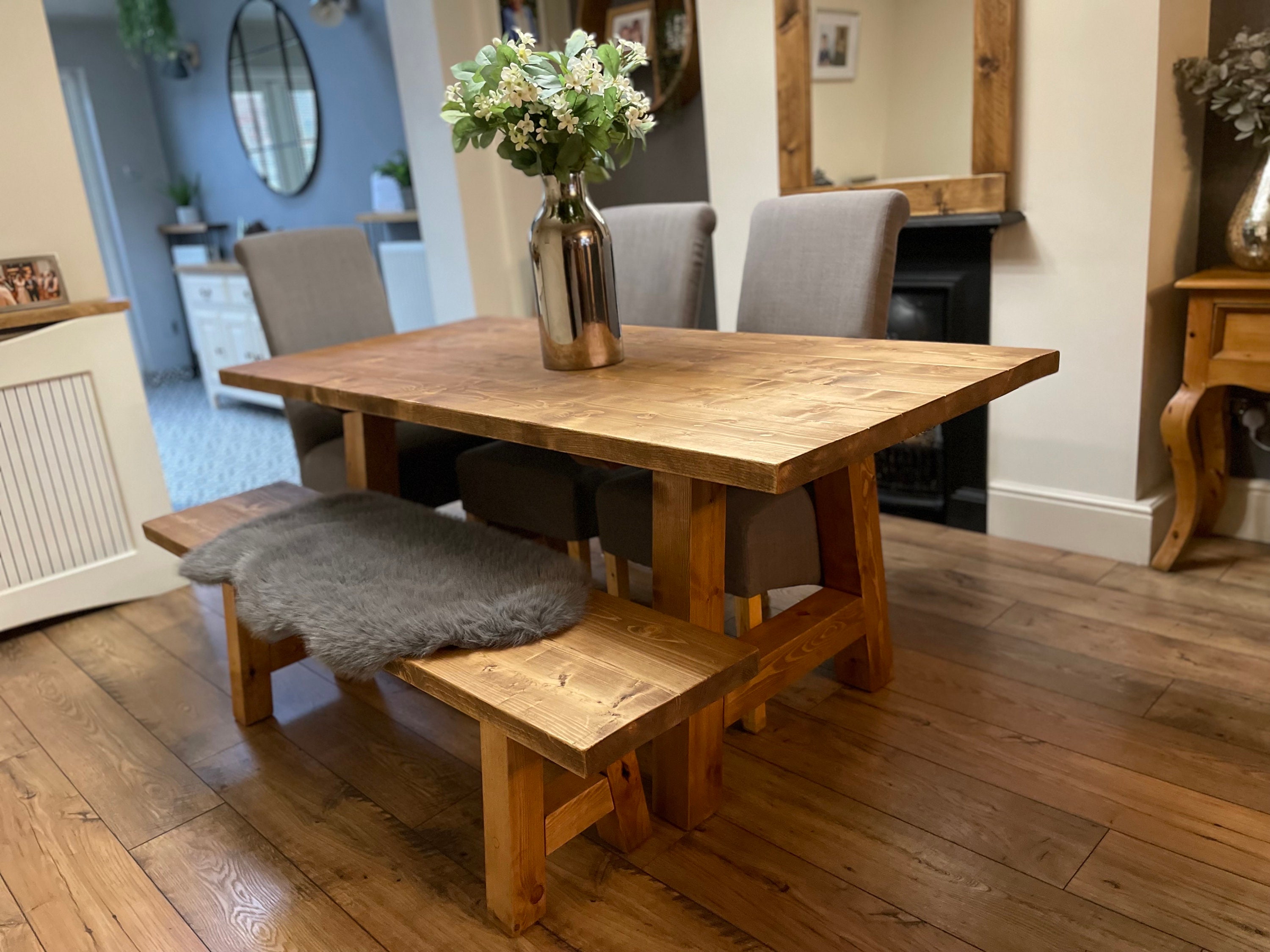 Farmhouse Dining Table and Bench Set on Chunky A Frame Solid Wood Legs ...