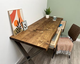 Large Live Edge Desk with 2 Drawers on Steel X Legs