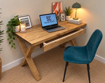 Home Office Desk With Drawer Storage On Solid Wood X Legs Handmade, Gaming Desk, Custom Made