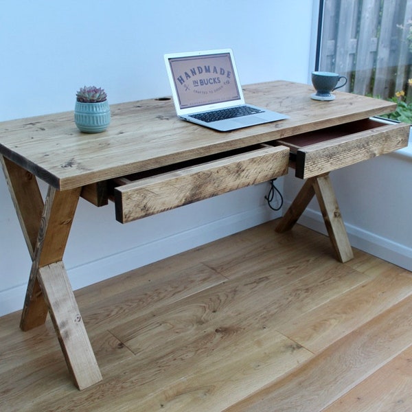 Rustic desk with 2 drawers on timber X-Frame legs handmade from solid wood, drawer storage, custom made