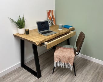 Live Edge Desk With Drawer On Steel Trapezium Legs Handmade From Solid Wood To Look Like Waney Edge Single Plank Desktop with Storage
