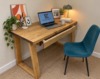 Office Desk With Drawer Storage On Solid Wood Trapezium Legs Handmade From Solid Wood, Gaming Desk, Custom Handmade In The UK
