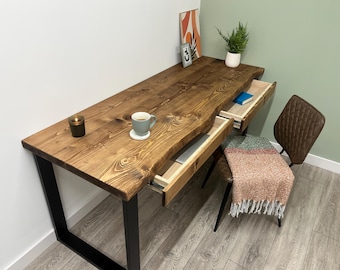 Large Live Edge Desk with 2 Drawers Handmade on Steel Square Legs