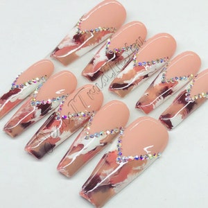 MOCHA BLEND - Long Ballerina Gel Press on Nails| Reusable Nails | Long Nails | Gifts for Her| | Rhinestones | Makartt | Glue on Nails