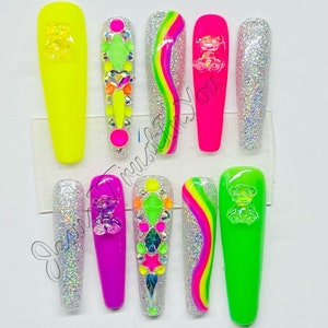 BEARY NEON - XXL Ballerina Gel Press on Nails| Reusable Nails | Long Nails | Gifts for Her| | Rhinestones | Makartt | Glue on Nails