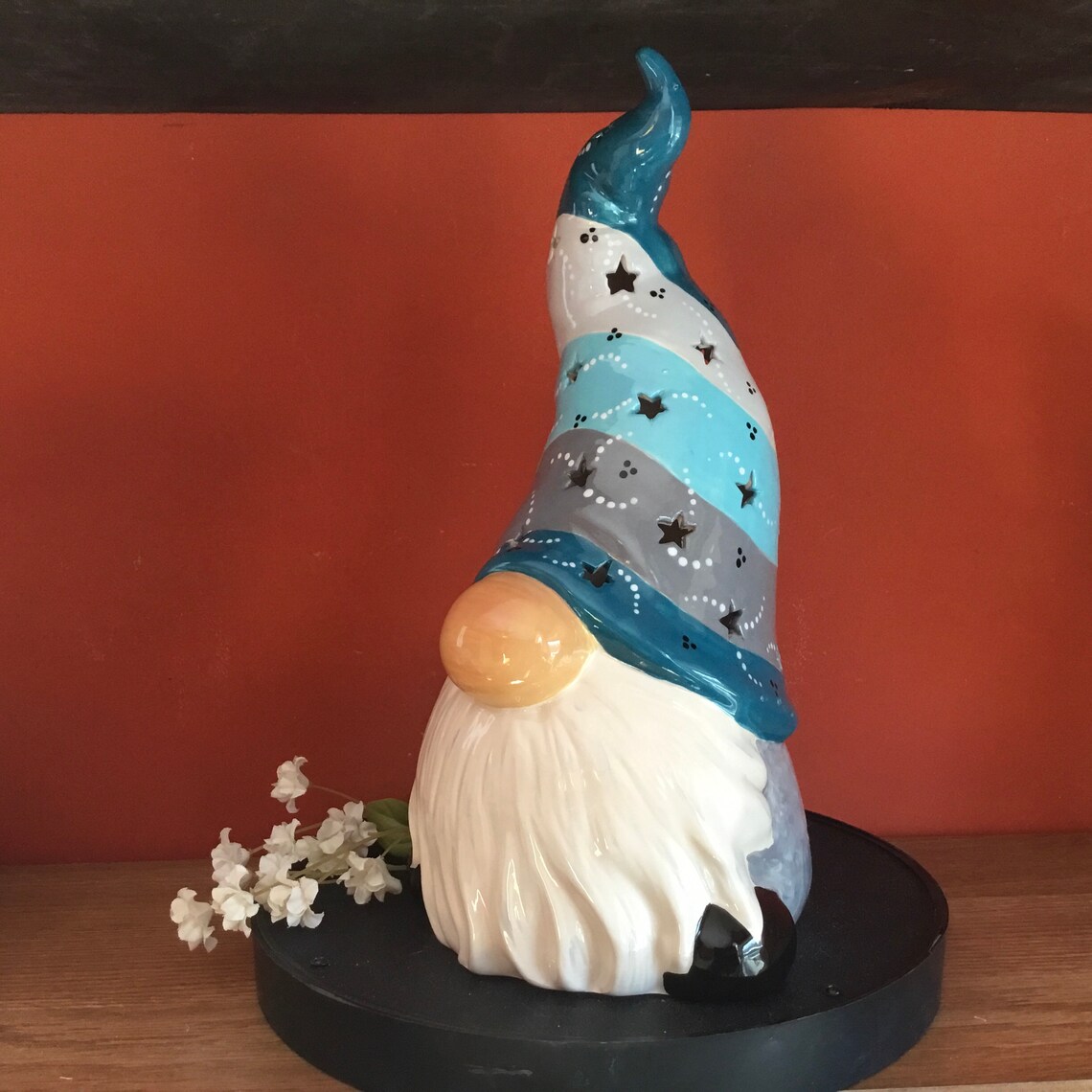 Ceramic Gnome Hand Painted Garden Gnome Teal Gnome Tall Hat Etsy