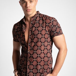 Men's Slim Fit Block Printed Cotton Shirt Farsh Black image 5