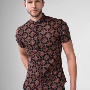Men's Slim Fit Block Printed Cotton Shirt Farsh Black image 2