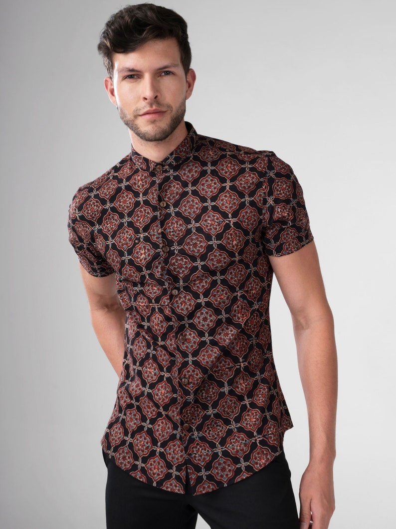 Men's Slim Fit Block Printed Cotton Shirt Farsh Black image 2