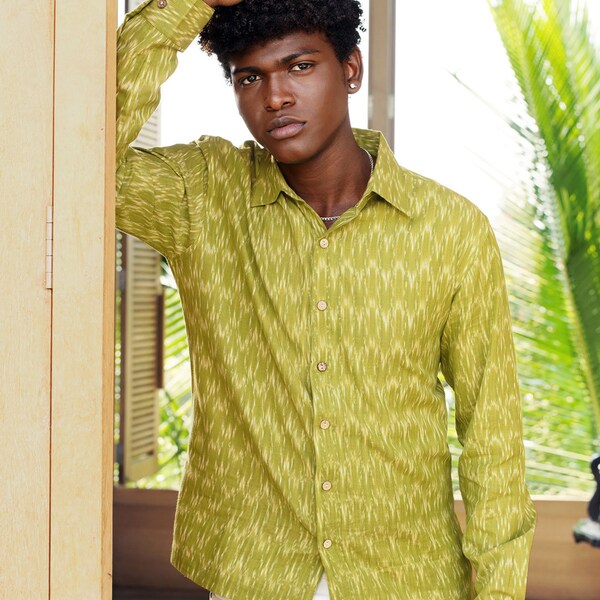 Comfort Fit Handwoven Ikat Shirt - Wild Moss