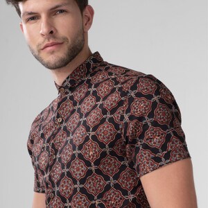Men's Slim Fit Block Printed Cotton Shirt Farsh Black image 4