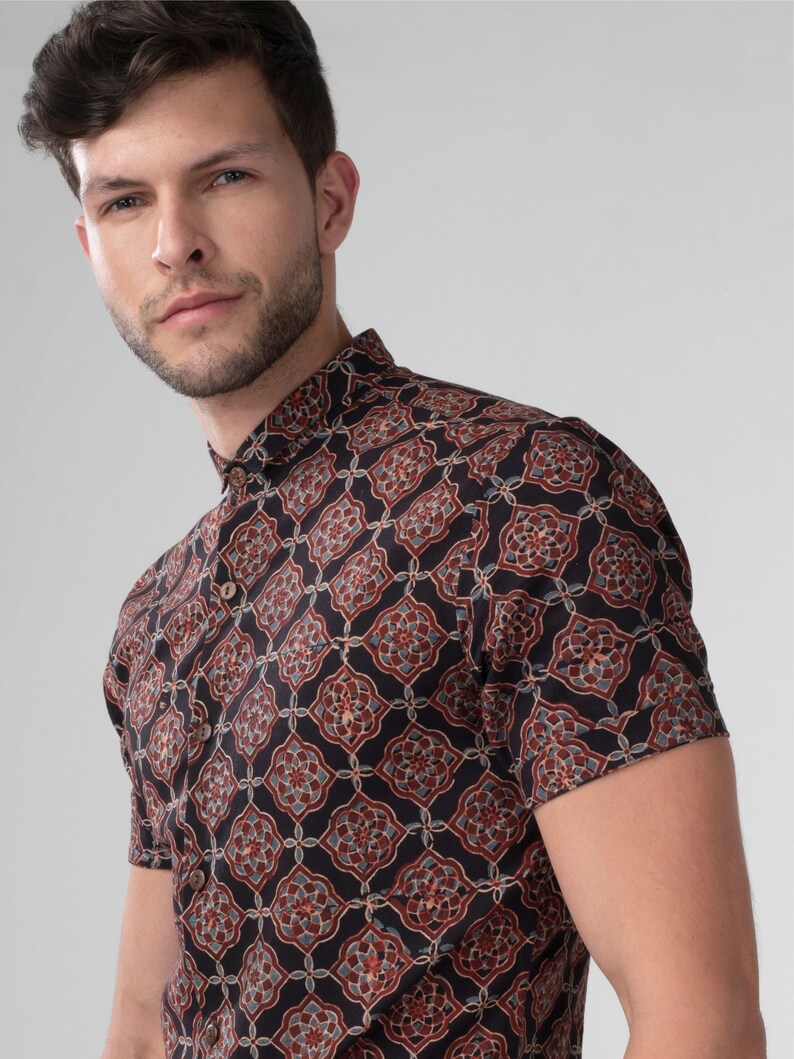 Men's Slim Fit Block Printed Cotton Shirt Farsh Black image 4