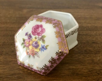 Vintage Porcelain Ring Box - Tiny Floral and Gold Jewelry Box Made in West Germany