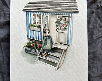Original watercolour painting of Pip by the steps