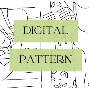 Puede incluir: Una ilustración de arte lineal en blanco y negro que presenta un diseño de patrón digital. La imagen muestra dos superposiciones rectangulares de color verde claro con el texto negro DIGITAL PATTERN centrado sobre los dibujos lineales.