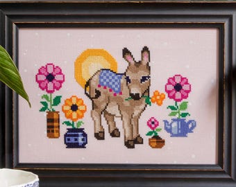 Flower Donkey Cross Stitch - Cute Cottage Friend - Summer Spring XStitch - Colorful Flowers & Nature - Beginner Cross Stitch Pattern PDF