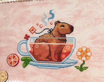 Capybara Tea Time Cross Stitch - Orange Tea XStitch - Cute Capybara Fruit Cross Stitch Pattern - Small Animal Cross Stitch Pattern PDF