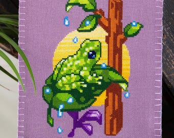 Mossy Frog Cross Stitch Pattern - Small Nature Frog Animal XStitch - Sun & Raindrops - Colorful Beginner Friendly Cross Stitch Pattern PDF
