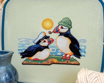 Puffin Cross Stitch Pattern - Ocean Birds - Sea Birds Cross Stitch - Adorable Animals - Puffins Beach - Colorful Cross Stitch Pattern PDF