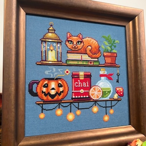 Estantes de otoño acogedores en punto de cruz - Punto de cruz de té - Punto de cruz de libros y gatos - Otoño acogedor - Taza de Halloween - Patrón de punto de cruz de Moody (PDF)
