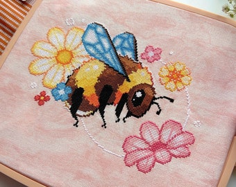 Modèle de point de croix bourdon - abeille et fleurs - adorable insecte - jardin coloré - taille moyenne - modèle de point de croix printanier PDF