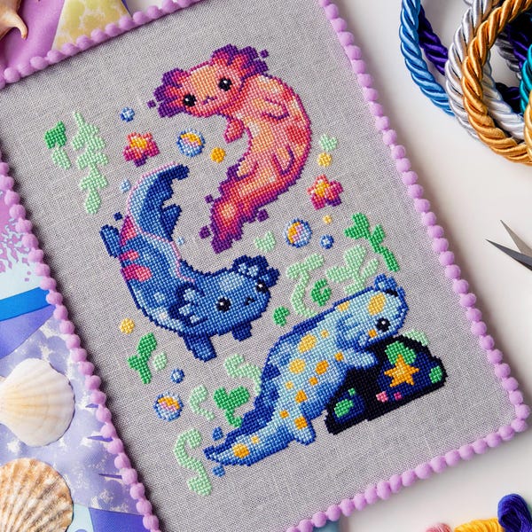 Fantasy Axolotls - Cute Axolotl Cross Stitch - Friends - Aquatic Creature - Magical XStitch Colorful Underwater Cross Stitch Pattern PDF