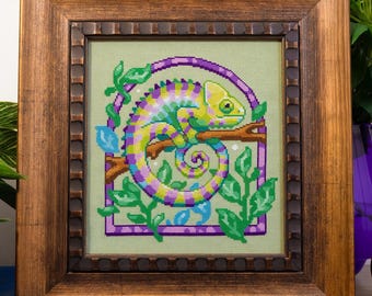 Chameleon Cross Stitch - Colorful Wild Animal XStitch - Leaves & Nature Embroidery - Cute Reptile Crafts - Lizard Cross Stitch Pattern PDF