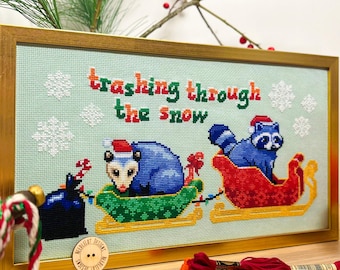 Trashing through the Snow Cross Stitch - Possum and Raccoon Cross Stitch - Funny Christmas XStitch - Winter Sleigh Cross Stitch Pattern PDF