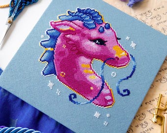 Dragon Portrait Cross Stitch - Colorful Fantasy Dragon Head XStitch - Pink Magical Creature - Big Reptile Beautiful Cross Stitch Pattern PDF