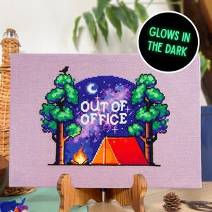 Out Of Office GLOW in the DARK Cross Stitch Pattern - Campsite Forest Cross Stitch - Galaxy - Cozy Fire - Summer Cross Stitch Pattern PDF