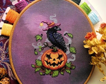 Jack-Crow-Lantern - Crow Cross Stitch Pattern - Cozy Autumn - Evil Halloween Pumpkin Cross Stitch - Halloween Cross Stitch Pattern PDF