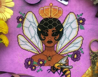 Queen Bee - Portrait Cross Stitch Pattern - Flower Girl - Bee Cross Stitch - Hive Embroidery - Crown - Large Cross Stitch Pattern PDF