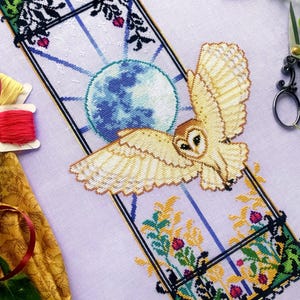 Art Nouveau Owl Cross Stitch Pattern - Barn owl - Elegant Jugendstil - Art Deco Animal - Blue Moon Window - Bird Cross Stitch Pattern PDF