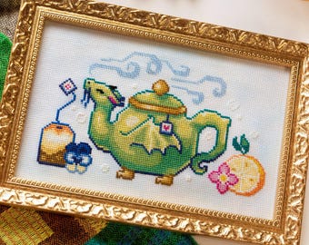 Tea Dragon - Cozy Dragon Cross Stitch Pattern - Teapot - Lemon & Flowers - Tea Cross Stitch Pattern - Cute Dragon Cross Stitch Pattern PDF