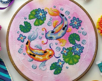 Koi Fish Cross Stitch - Fantasy Pond Sampler - Beautiful Fish - Colorful - Lotus Flower - Aquatic Animals Cross Stitch Pattern PDF