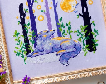 Moon Wolf Cross Stitch Pattern - Full Moon & Nature XStitch - Cute Animal - Werewolf Embroidery - Purple Colorful Cross Stitch Pattern PDF