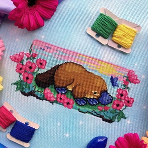 Platypus in a Flower Field - Platypus Cross Stitch Pattern - Adorable Animal Cross Stitch - Nature - Monotreme Cross Stitch Pattern PDF