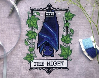 De Nacht Tarot Cross Stitch - Bat Cross Stitch Patroon - Sterren & Maan - Klimplanten Cross Stitch - Schattige dieren Cross Stitch Patroon PDF